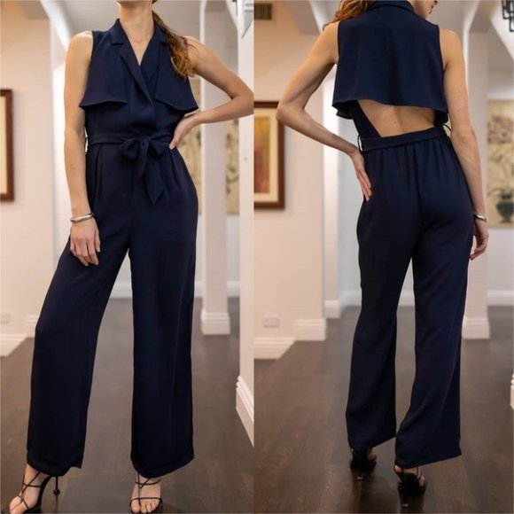 undefined Pants - Navy Collar Self-Tie Belted Cut-Out Back Wide Leg Jumpsuit